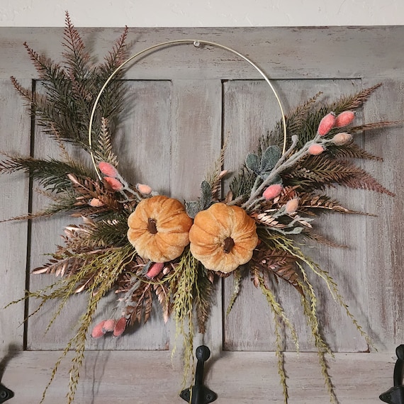 Fall Autumn Pumpkin Wreath, Rose hips and Ferns, Fall Decorations