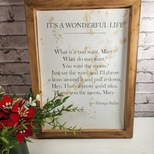 It's a Wonderful Life Framed Quote, Distressed book page wall art, rustic wall hanging, Quote by George Bailey lasso the moon, Christmas