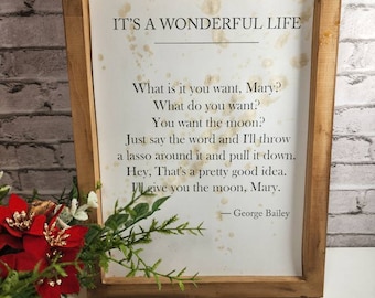 It's a Wonderful Life Framed Quote, Distressed book page wall art, rustic wall hanging, Quote by George Bailey lasso the moon, Christmas