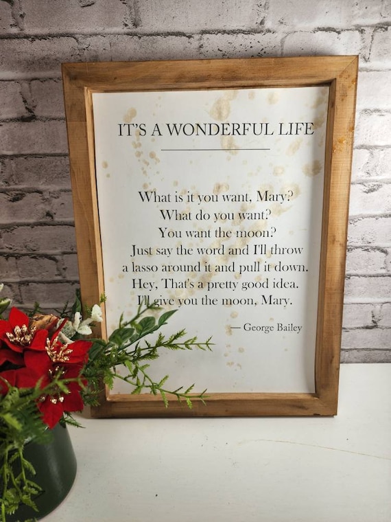 It's a Wonderful Life Framed Quote, Distressed book page wall art, rustic wall hanging, Quote by George Bailey lasso the moon, Christmas