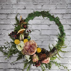 Cottage Core English Garden Woodland Spring Wreath, Moss and Ferns, Modern Hoop Wreath, Garden Roses, Citrus, Cottage Decor, Natural image 5