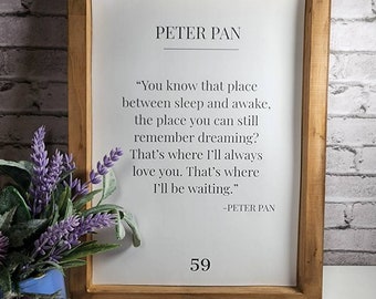 Peter Pan Storybook Distressed quote , Peter pan framed wall hanging, farmhouse decor, Nursery decor, Disney quote, Peter pan gift, movie