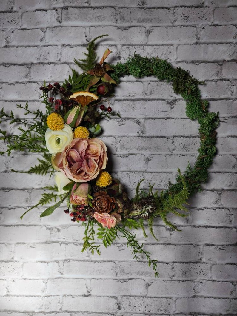 Cottage Core English Garden Woodland Spring Wreath, Moss and Ferns, Modern Hoop Wreath, Garden Roses, Citrus, Cottage Decor, Natural image 6