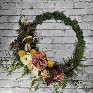 Cottage Core English Garden Woodland Spring Wreath, Moss and Ferns, Modern Hoop Wreath, Garden Roses, Citrus, Cottage Decor, Natural image 7