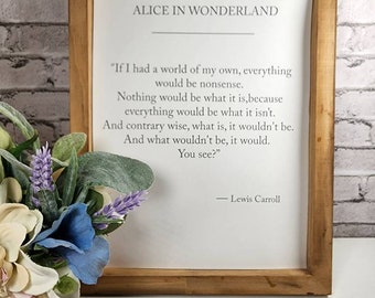 Alice in Wonderland distressed book page with quote fro Lewis Carroll, farmhouse decor, wall hanging, office decor, framed Alice quote, art