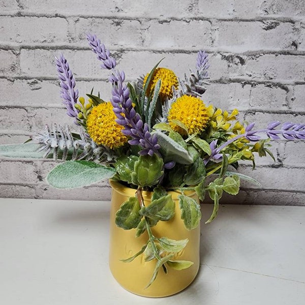 Yellow and Lavender Small Faux Floral Arrangement, Thistle, Billy Balls, Lavender, Mini tiered tray accent, Petite bouquet, Honeycomb pot