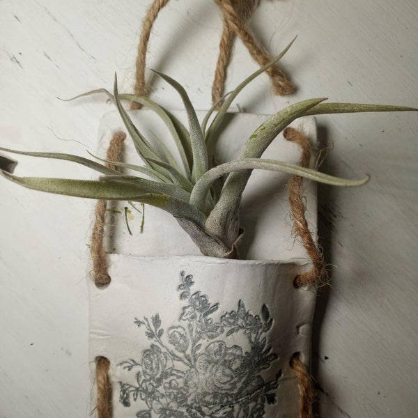 Decorative clay floral and plant pockets, hanging clay pocket holders, Boho clay wall hanging, air plant holder