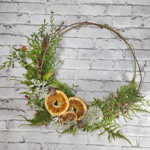 Holiday Natural Citrus Wreath, Moss Hoop Modern Simplistic Wreath, Minimal Home Decor, Botanical Woodland and Cottagecore Wreath