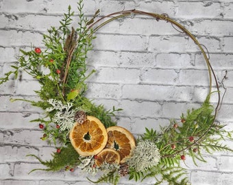 Holiday Natural Citrus Wreath, Moss Hoop Modern Simplistic Wreath, Minimal Home Decor, Botanical Woodland and Cottagecore Wreath
