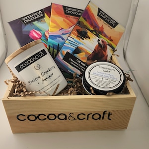 Made in Oregon Gift Basket, Chocolate Bars,Truffles, Candle, Body Butter, all handmade in Ashland Oregon in wooden crate