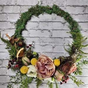 Cottage Core English Garden Woodland Spring Wreath, Moss and Ferns, Modern Hoop Wreath, Garden Roses, Citrus, Cottage Decor, Natural image 3