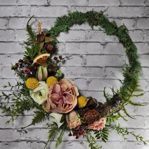 Cottage Core English Garden Woodland Spring Wreath, Moss and Ferns, Modern Hoop Wreath, Garden Roses, Citrus, Cottage Decor, Natural