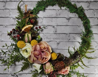 Cottage Core English Garden Woodland Spring Wreath, Moss and Ferns, Modern Hoop Wreath, Garden Roses, Citrus, Cottage Decor, Natural