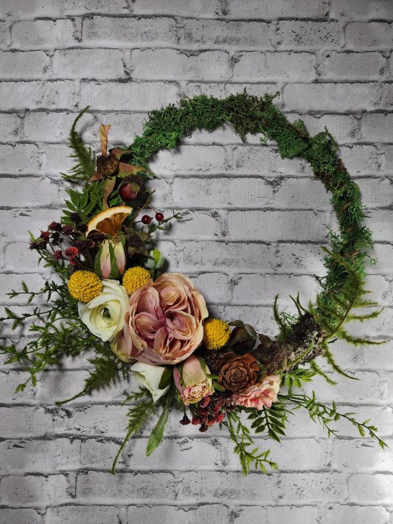 Cottage Core English Garden Woodland Spring Wreath, Moss and Ferns, Modern Hoop Wreath, Garden Roses, Citrus, Cottage Decor, Natural image 1