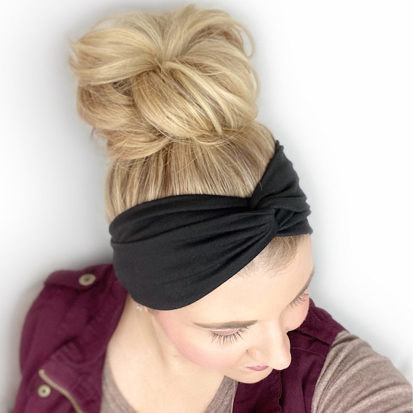 Black Turban Headband, Boho Headband, Twist Turban Headband for Women, Solid Black, One Size Fits Most