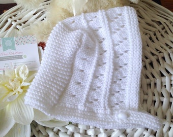 MADISON baby bonnet, size 9-12 months, retro/vintage hat, pure white color knitted openwork