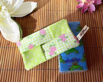 Origami fabric case for paper handkerchiefs, with roses, checks and polka dots, light green and pink, neon, fluorescent, pop, gift for grandma