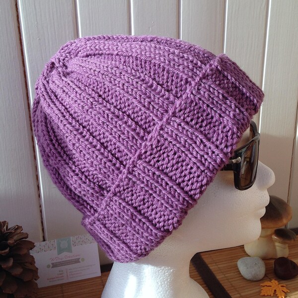 Bonnet long avec revers en laine et alpaga NORENE, épais chaud, violet bruyère lilas, cadeau pour femme, cadeau pour elle, cadeau pour ado