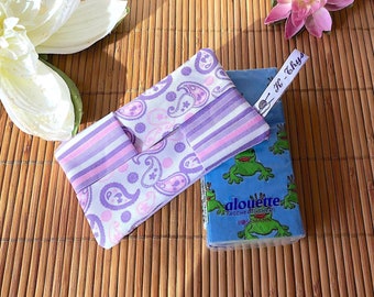 Origami fabric case for paper handkerchiefs, arabesque drop patterns, purple pink purple white stripes, grandma gift, mom gift