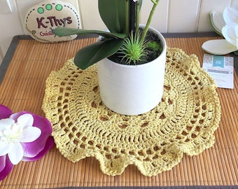 Napperon mandala bohème FLORA, centre de table, décoration au crochet en coton et lin, jaune pissenlit