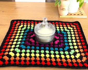 Centro de mesa HARMONY, granny square tejido a mano, mantel individual rectangular neón, decoración de crochet, arcoíris, camino de mesa