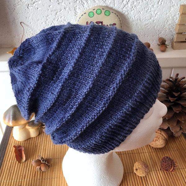 Bonnet long slouchy JODIE, laine et polyamide, tons de bleus, cadeau femme, cadeau pour elle, cadeau ado