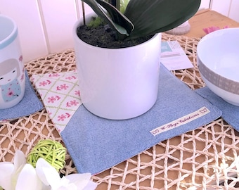 Trivet and coaster, recycled denim cup and floral Oeko-Tex cotton, placemat, Mother's Day