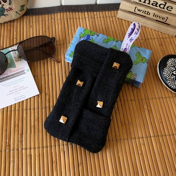 Origami Rock case in black denim jeans with pyramid customization studs, dad gift idea