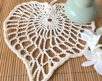 Mantel individual de hojas grandes BORA HEART, bohemio, calado, con decoración de crochet exótica, 100% algodón grueso Oeko-Tex, color blanco crudo