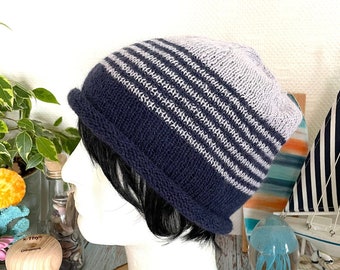 Bonnet LUCIA tricot slouchy tendance en 100% alpaga bicolore marin rayures, bleu glacier, indigo, idée cadeau femme, bonnet slouchy homme