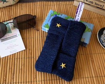 Origami Rock case in navy blue denim with star customization studs, dad gift idea