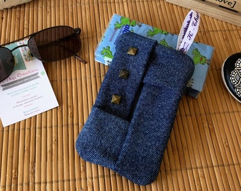 Origami Rock case in blue denim jeans with pyramid customization studs, dad gift idea