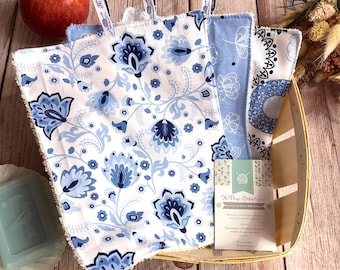 Paper towels x3 - BLUE FLOWERS MANDALA - 22 x 18 cm sponge and organic cotton fabric Oeko-Tex, cloth washcloth, household paper, zero waste, ecological