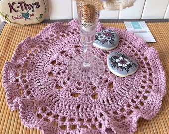Napperon mandala bohème FLORA, centre de table, décoration au crochet en coton et lin, rose vintage