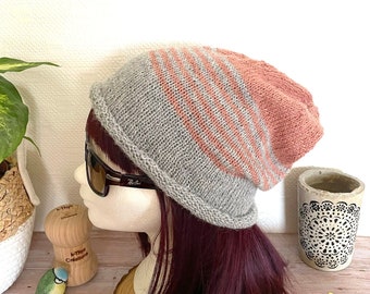 LUCIA trendy slouchy knit hat in 100% alpaca two-tone sailor stripes, light gray, blush pink, women's gift idea, men's slouchy hat