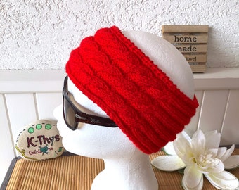 Headband Fluo CARLEEN, bandeau de tête, cache-oreilles 3 torsades, acrylique très doux, rouge néon, idée cadeau femme, accessoires automne