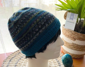 ANTON hat in blue multicolor fantasy jacquard fine wool, handmade knitting, men's gift idea, gift for her, for him, for women