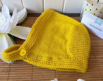 Bonnet béguin "Deasun" bébé 9 à 12 mois, chapeau rétro vintage jaune citron, fait-main au tricot