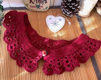 Grand col CLAUDINE en dentelle, collerette rétro au crochet en coton, rouge bordeaux à paillettes or, cadeau pour femme, cadeau pour elle