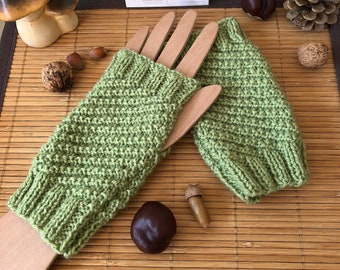 Mid-length ELOUANE knit mittens, fancy stitch, lime green, gift for woman, gift for girl, craft gift idea