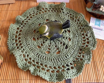 Napperon mandala bohème FLORA, centre de table, décoration au crochet en coton et lin, vert mousse