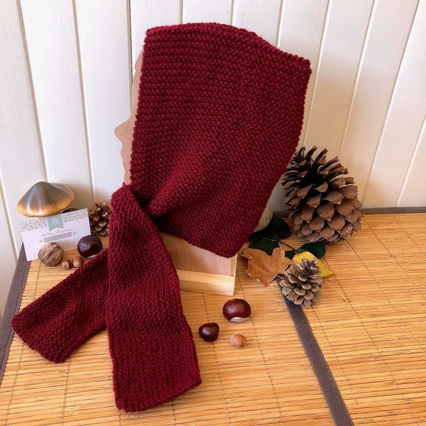 "Ophélie" hooded scarf hat for baby 12-24 months mid-season in soft acrylic, carmine red color