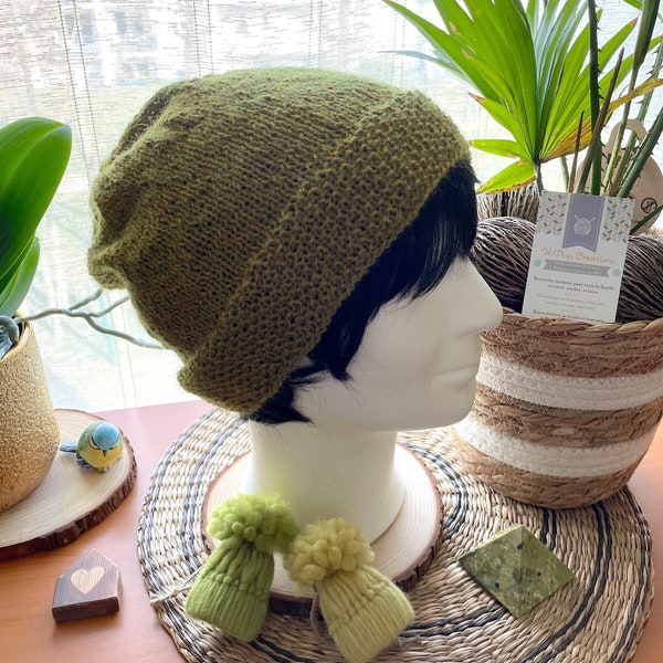 Bonnet MORRIGHAN tricot slouchy tendance en 100% alpaga, vert olive gazon, idée cadeau pour femme, cadeau pour elle, bonnet slouchy homme