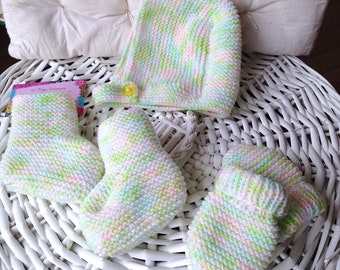 Ensemble naissance layette PRINTEMPS béguin, chaussons et moufles, tricot artisanal, cadeau de naissance bébé, neon fluo pop