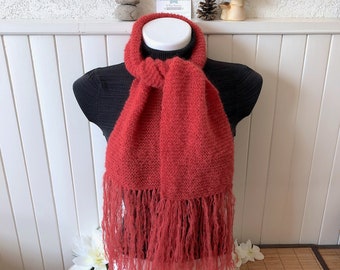 Small fringed scarf scarf, warm and soft tie, Alpaca and Silk knit, coral red, gift for woman, gift for her