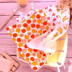 Washable paper towels x3 - FRUITS - 21.5 x 17 cm sponge and organic cotton fabric Oeko-Tex, washable dishcloth, household paper, zero waste