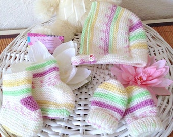 Ensemble naissance layette POP béguin, chaussons et moufles, tricot artisanal, cadeau de naissance bébé, neon fluo