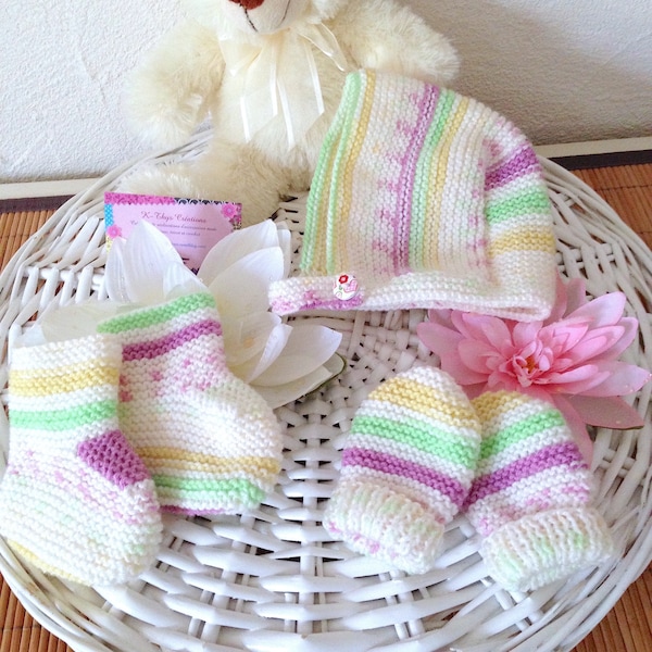 Ensemble naissance layette POP béguin, chaussons et moufles, tricot artisanal, cadeau de naissance bébé, neon fluo