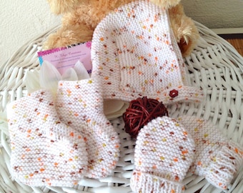 Ensemble "Automne" béguin, chaussons et moufles, tricot artisanal, cadeau de naissance bébé