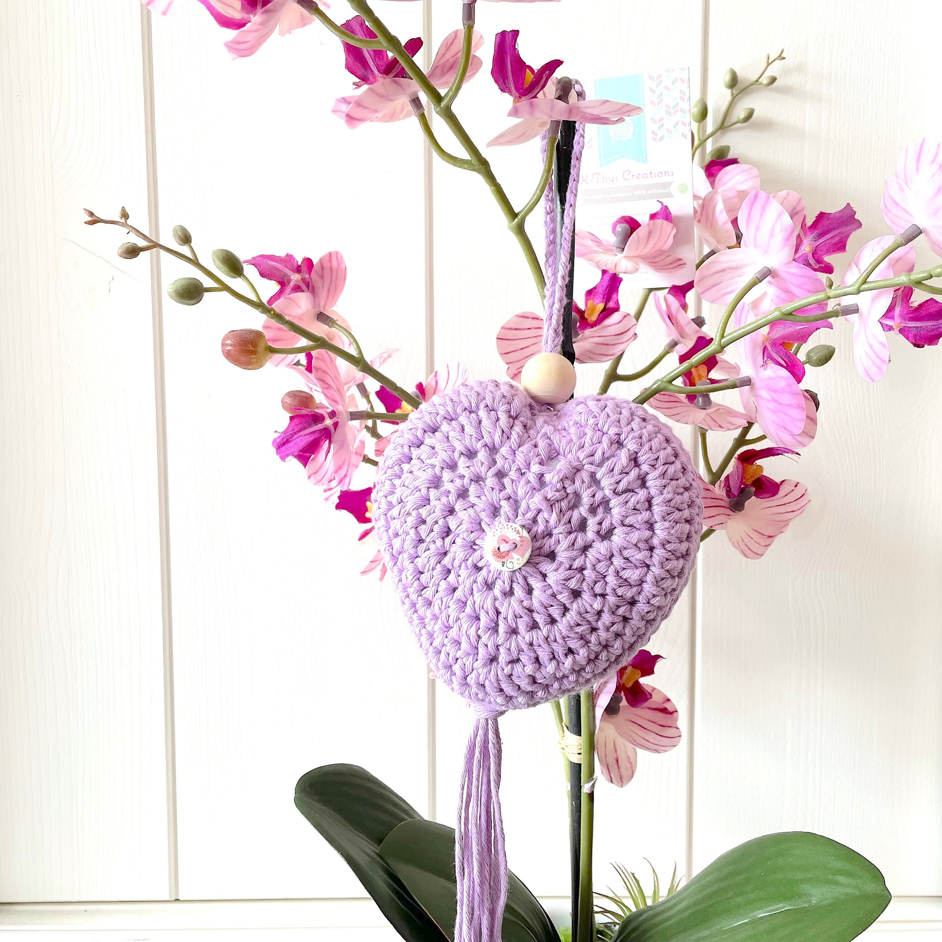 Décoration Coeur Dodu Au Crochet Coton Mauve Lilas, Suspension Coeur Bohème Romantique, Cadeau Mamie